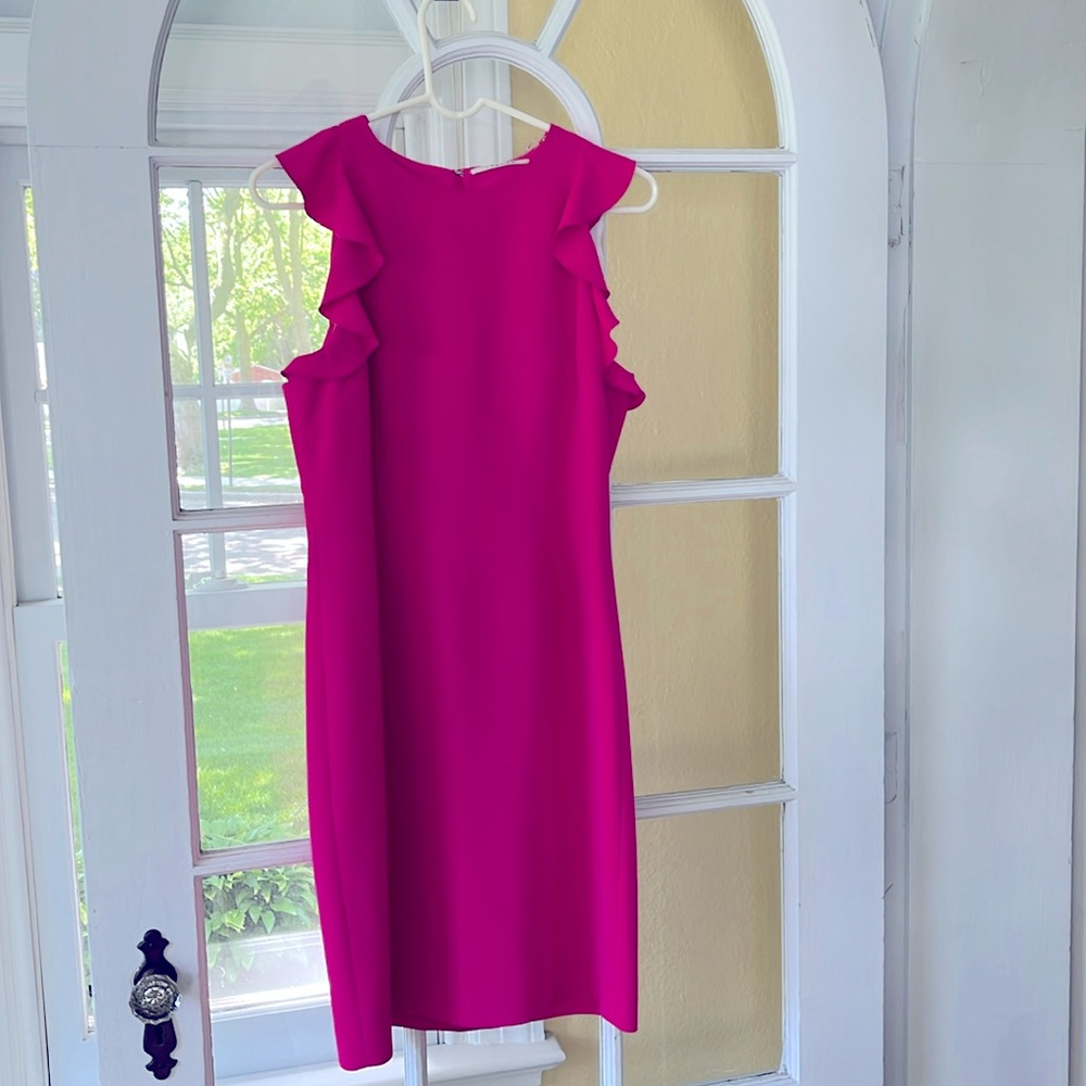 Tahari bright pink dress with flutter sleeves.